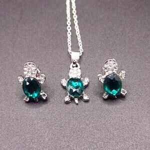 925 Silver Turtle Necklace Earrings Set CZ Emerald Anniversary Birthday Gift